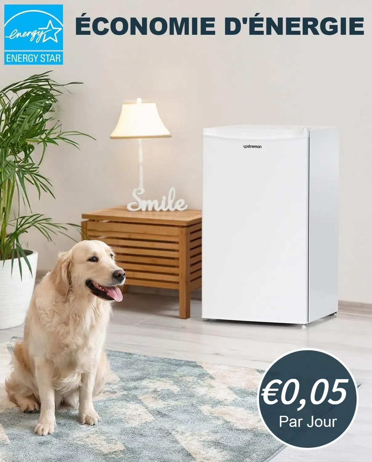 Upstreman Petit Frigo avec Congélateur de 91L, Bac à Légumes, Thermostat Réglable, Silencieux, Petit Frigo de Bureau, Porte Réversible, Réfrigérateur