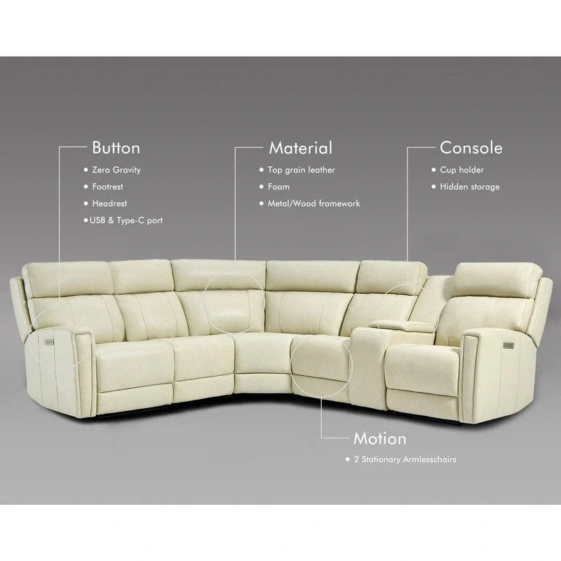 Canapé d'angle électrique en cuir véritable 6 places de 104 po de largeur et fauteuil inclinable de 39 po de largeur avec gravité zéro, ports USB, 2 fauteuils sans accoudoirs fixes