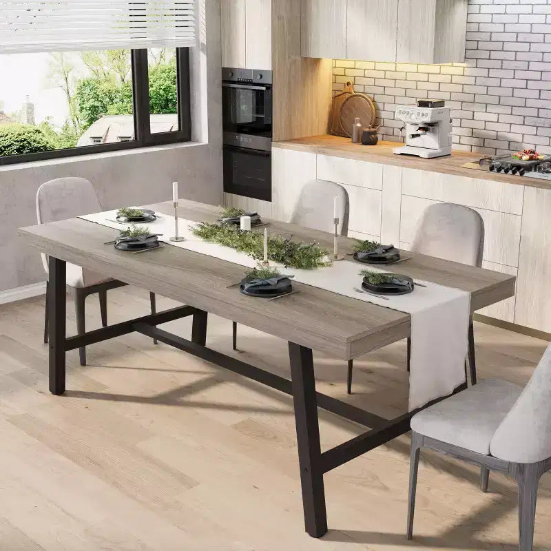 Table de salle à manger de 180 cm pour 6-8 personnes, grande table rectangulaire industrielle avec plateau en bois et pieds en métal pour cuisine et salle à manger, grise
