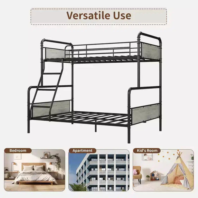 Lit superposé double avec lit inférieur double et barrière de sécurité haute, lits superposés convertibles en métal de taille double pour enfants/adolescents, montage facile, aucun sommier tapissier requis