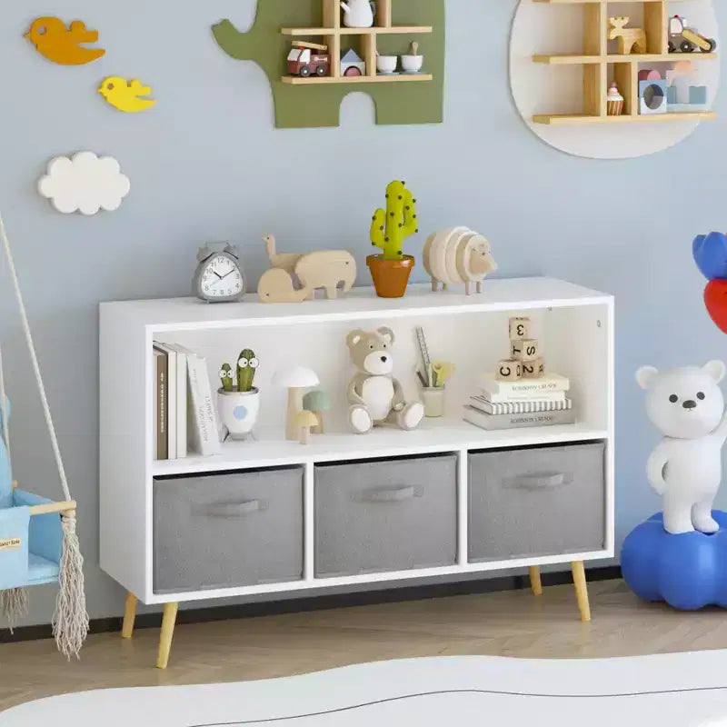 Commode de chambre Okak avec 3 tiroirs en tissu pliable, grand placard de rangement pour jouets, étagère à livres pour enfants pour couloir et chambre d'enfant