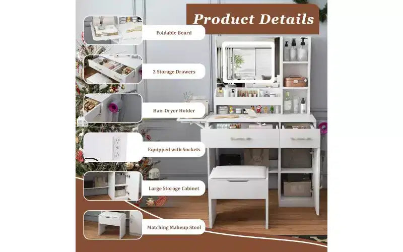 Coiffeuse JVNOXK avec miroir lumineux LED et prise électrique, 3 tiroirs, 7 étagères et tabouret de rangement, convient aux femmes, blanc