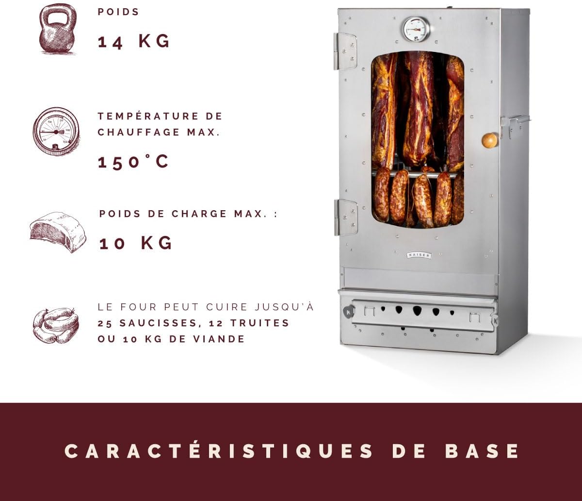 Fumoir KAISER COMPANY '50' en acier inoxydable de haute qualité, portable de 80 cm, pour fumer jusqu'à 10 kg de viande, chauffage au bois