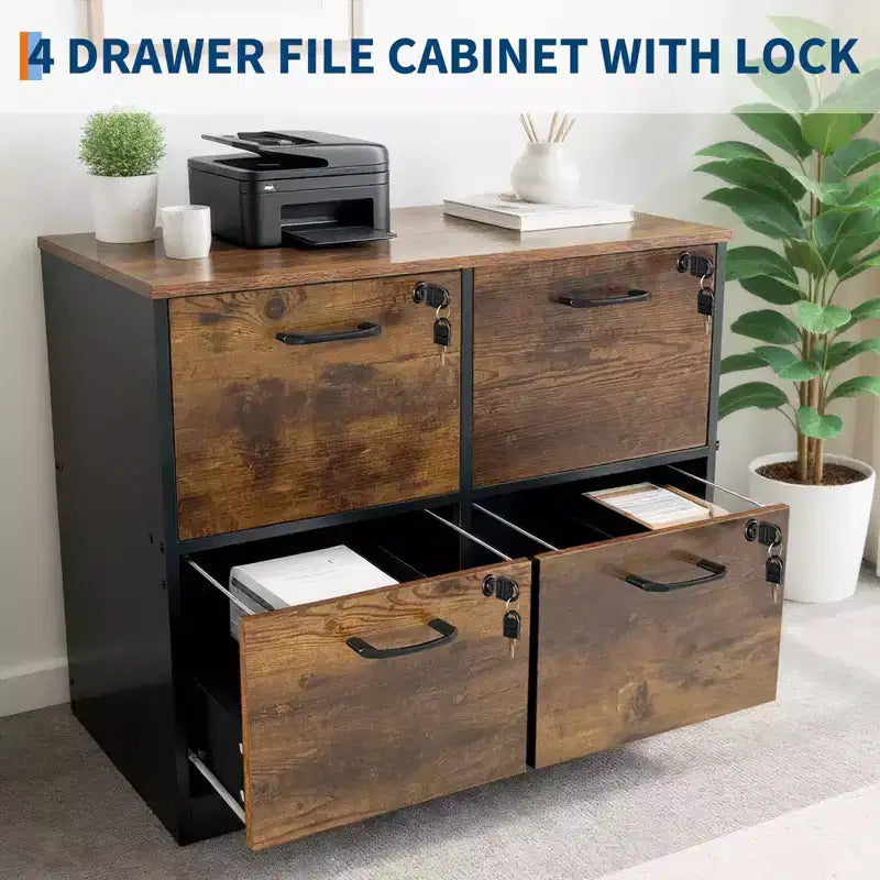 COZONY Meuble Classeur en Bois à 4 Tiroirs, Rangement Vertical Verrouillable pour A4/Lettre, Marron Rustique et Noir