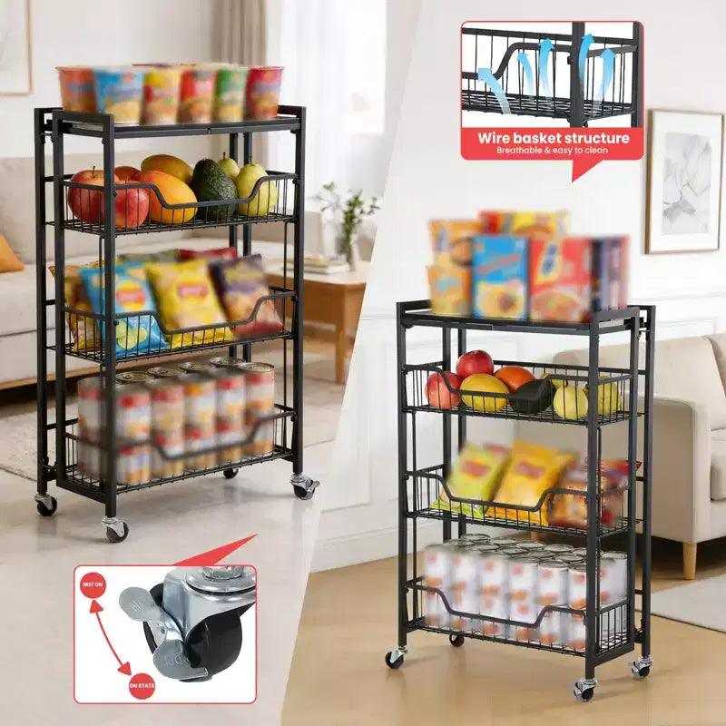 Chariot de Rangement de Cuisine Pliable à 3 Niveaux, Cadre et Étagères en Fer, Organisateur de Garde-Manger Gain de Place pour Fruits, Collations, Chariot de Service avec Roulettes Verrouillables