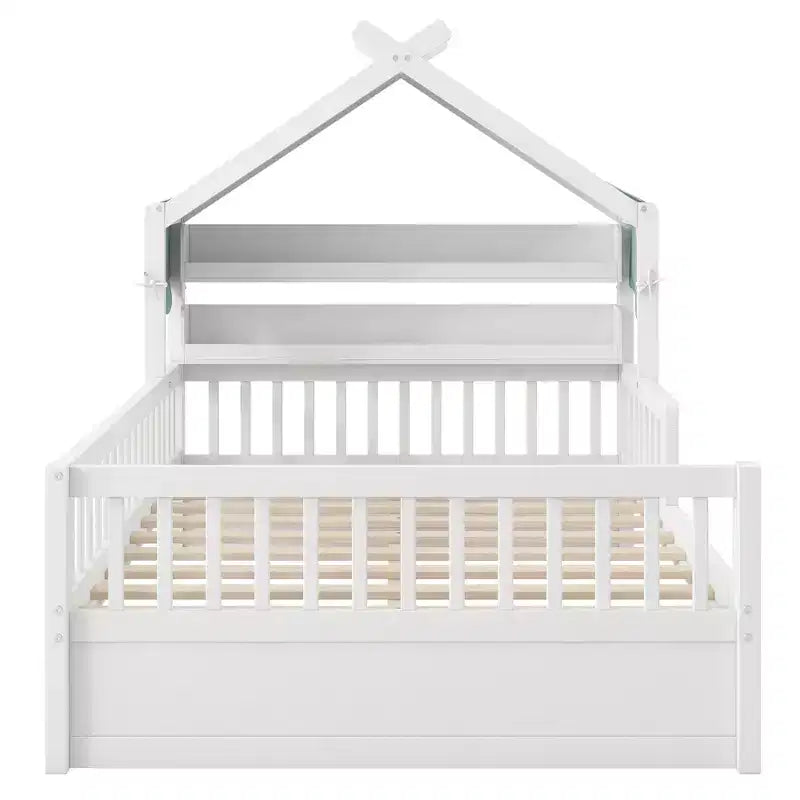 Lit cabane en bois ModernLuxe (taille lit simple/double) avec tête de lit de rangement, cadre de lit pour enfants en pin massif avec barrières de sécurité