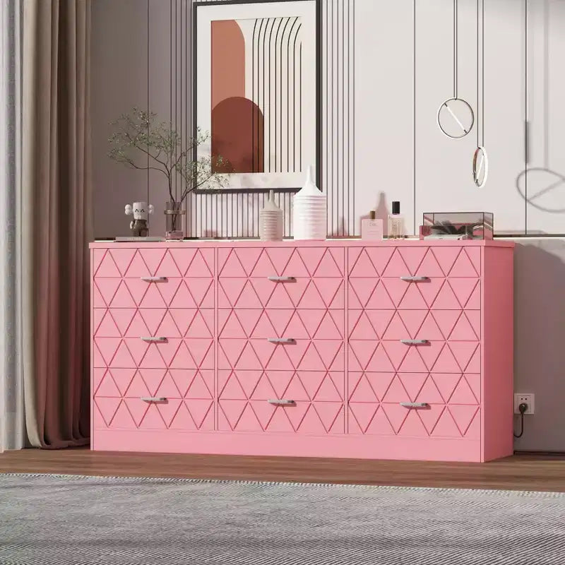 Zstar Commode triple moderne à 9 tiroirs, Meuble de rangement en bois pour chambre à coucher avec prises de courant