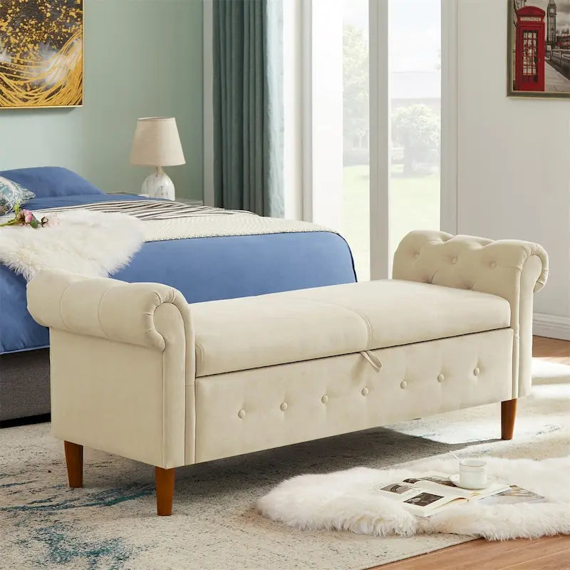 Banc de rangement pour chambre, bout de lit, accoudoirs roulés, canapé ottoman en velours, long banc
