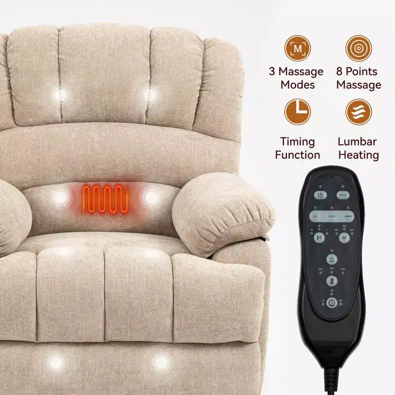 CLIHOME Fauteuil inclinable électrique releveur en chenille grande taille, largeur d'assise 23 pouces et dossier haut, avec massage vibrant 8 points et chauffage lombaire