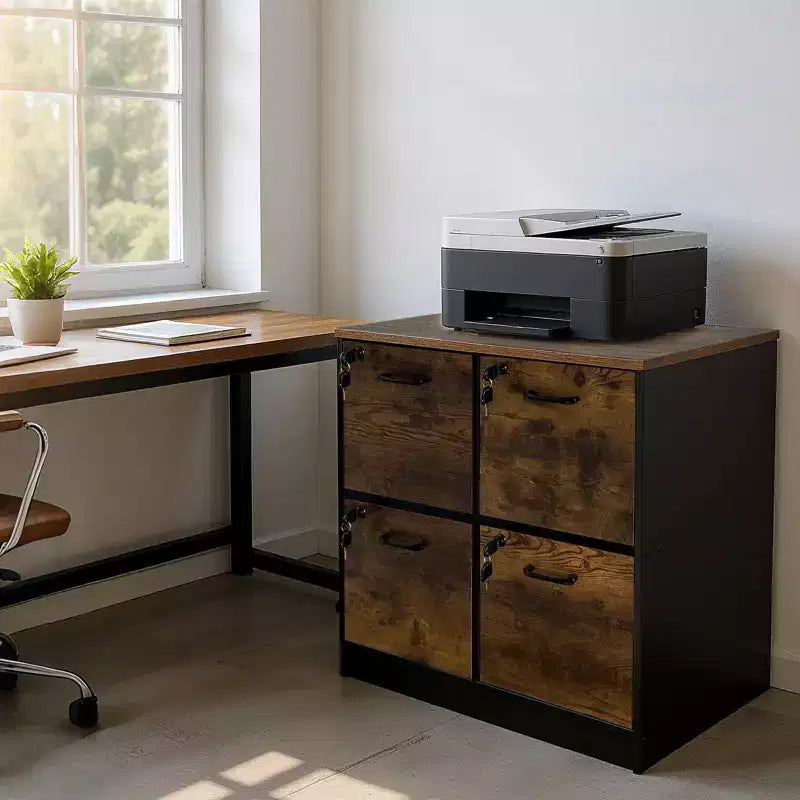 COZONY Meuble Classeur en Bois à 4 Tiroirs, Rangement Vertical Verrouillable pour A4/Lettre, Marron Rustique et Noir