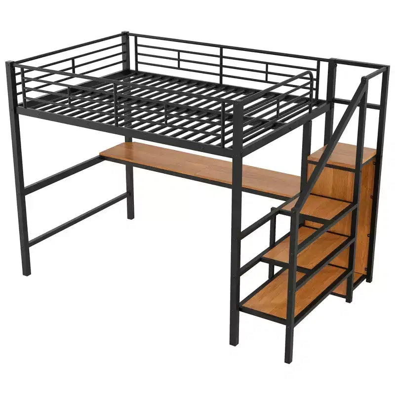 Okak Lit superposé en métal grandeur nature avec bureau et escalier de rangement et barrière de sécurité Lit mezzanine avec petite armoire et LED pour enfants adolescents Assemblage facile