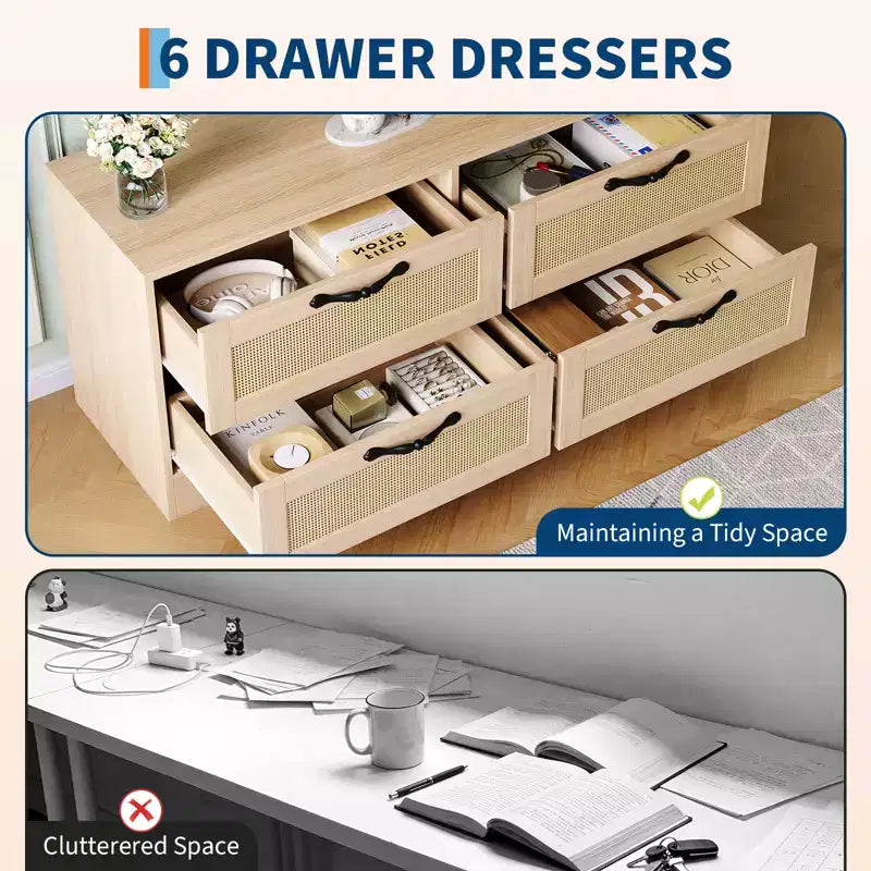 Meuble TV bahut de style campagnard pour téléviseurs jusqu'à 70'', 4 tiroirs, portes en rotin, meuble de rangement en bois, console média pour chambre ou salon