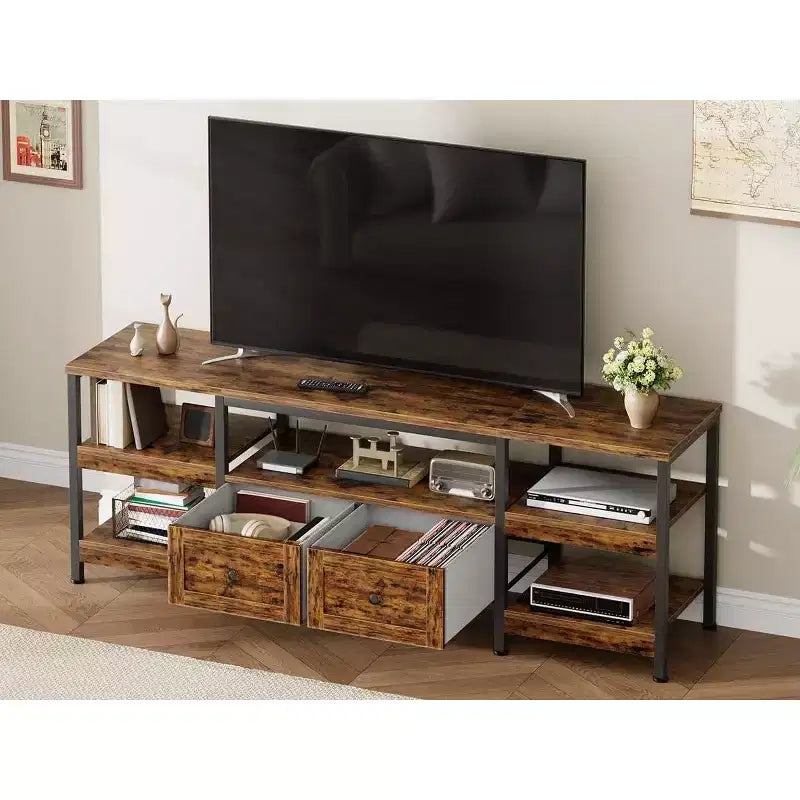 Meuble TV rustique de 180 cm avec rangement - Pour téléviseurs jusqu'à 75 pouces, 2 tiroirs et étagères ouvertes, meuble TV de style industriel avec cadre en métal