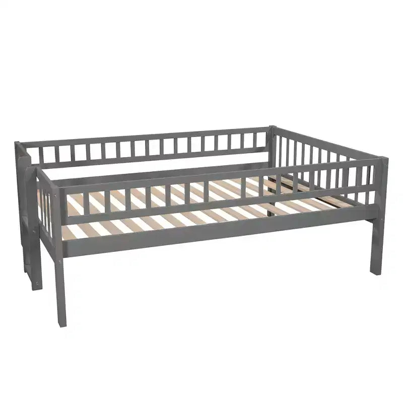 Lit superposé triple pour deux personnes avec échelle convertible et toboggan, lit triple avec barrières de sécurité, blanc/gris/espresso - ModernLuxe