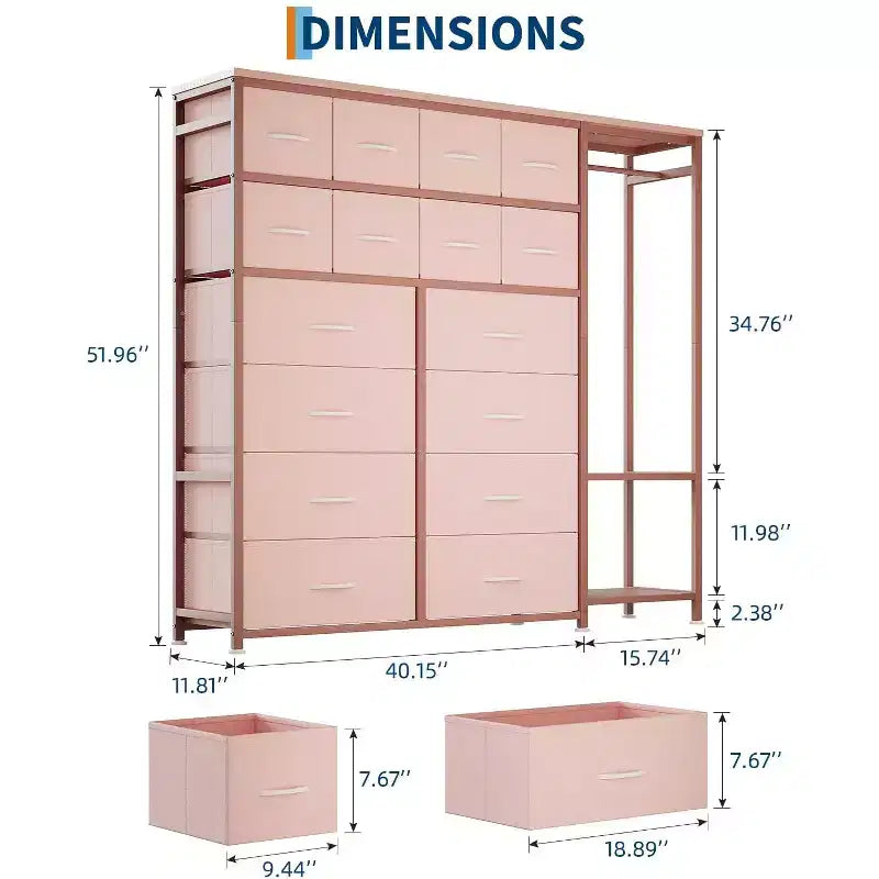 Commode de rangement avec 16 tiroirs, tringle à vêtements et étagères, organisateur de rangement en tissu pour chambre à coucher, placard ou entrée