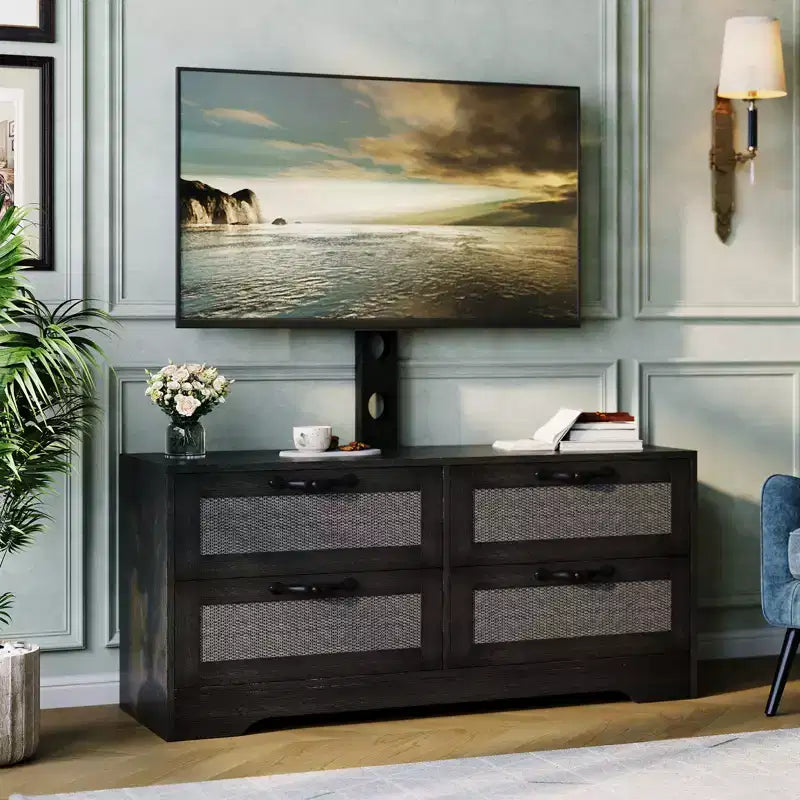 Meuble TV bahut de style campagnard pour téléviseurs jusqu'à 70'', 4 tiroirs, portes en rotin, meuble de rangement en bois, console média pour chambre ou salon
