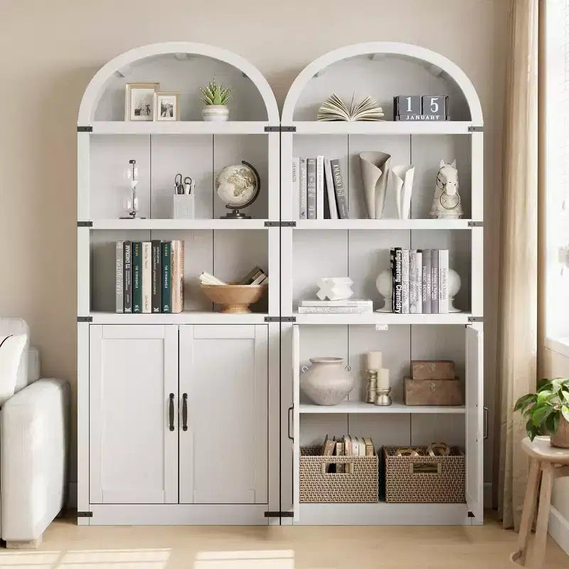 Bibliothèque GustoWave avec portes, étagère arquée de 182 cm de haut, meuble de rangement de style ferme avec étagères, bibliothèques en bois pour bureau à domicile