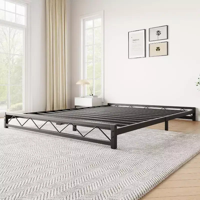 Lit plateforme en métal ondulé 1 pièce – 6 profil bas taille Queen, lattes en acier, aucun sommier tapissier requis, convient aux matelas standards