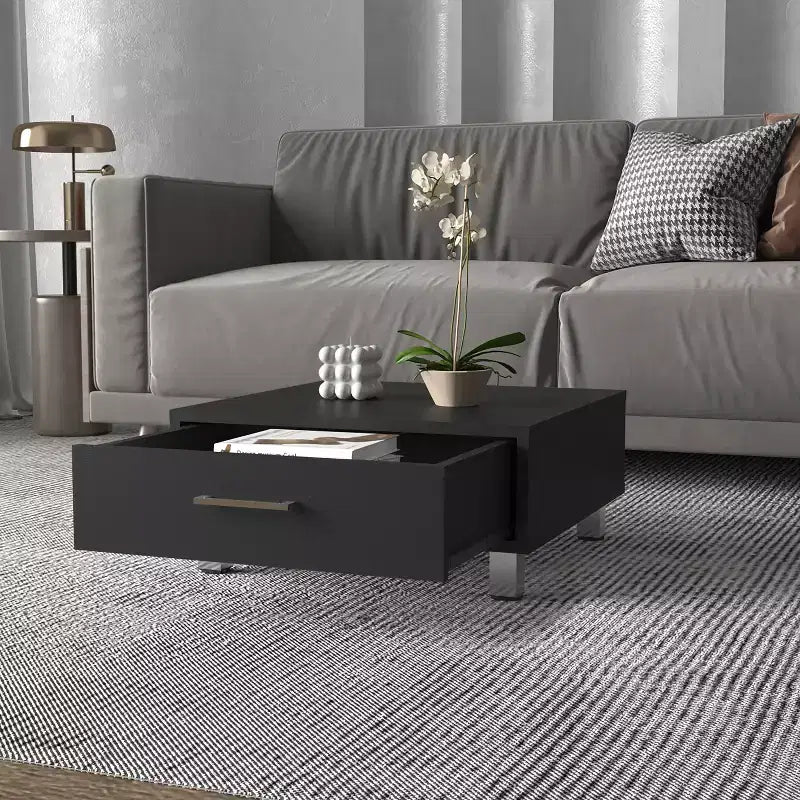 Table basse rectangulaire Wengé avec 1 tiroir, quatre pieds en métal, poignée en métal, plateau supérieur, table d'appoint pour salon