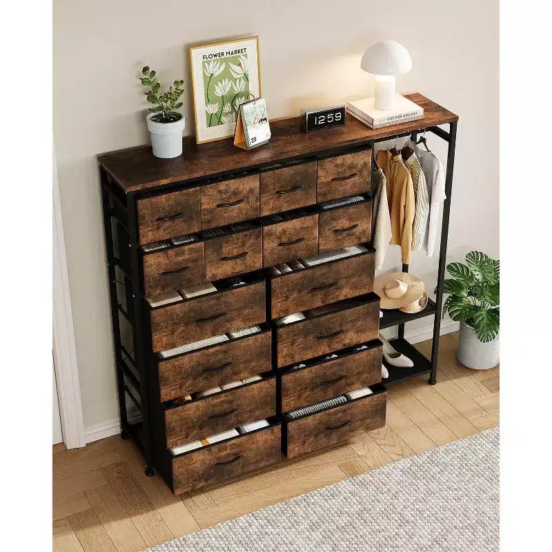 Commode de rangement avec 16 tiroirs, tringle à vêtements et étagères, organisateur de rangement en tissu pour chambre à coucher, placard ou entrée