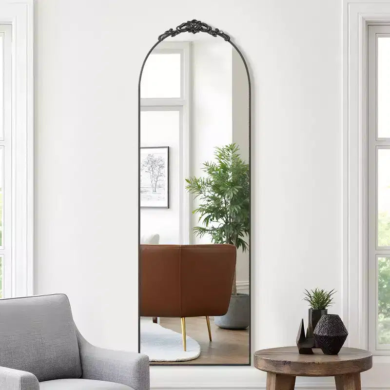 MAYEERTY Miroir pleine longueur avec support, cadre en aluminium à bord fin, à angle droit, arqué, noir, 64,17x21,26x0,79 pouces