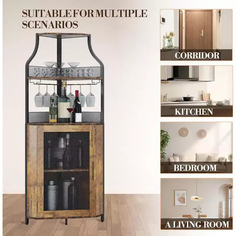 Meuble de bar d'angle CuisinSmart avec casier à vin amovible, meuble de bar avec porte-verres, petit buffet et armoire de rangement avec porte grillagée