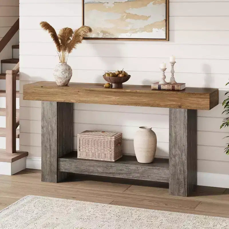 Console 2 niveaux pour salon et entrée, grande table de canapé avec rangement, table d'entrée de couloir, longue table d'entrée pour l'organisation de la décoration