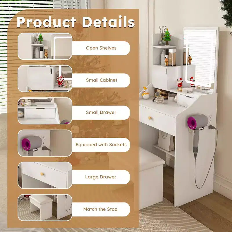 Coiffeuse JVNOXK avec miroir lumineux LED et prise électrique, 3 tiroirs, 7 étagères et tabouret de rangement, convient aux femmes, blanc