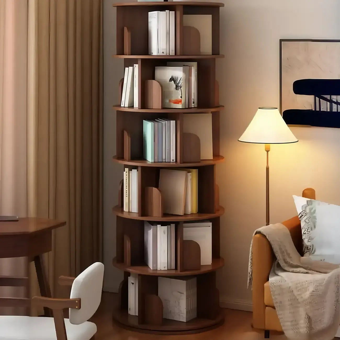 Bibliothèque cylindrique en bois brun à dos ouvert et rotative