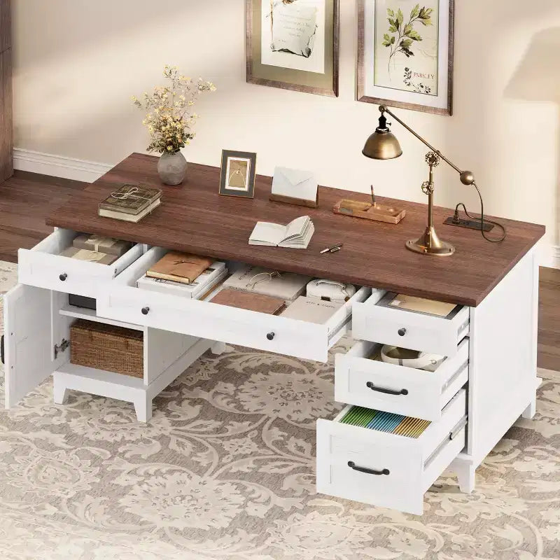 Bureau de direction de 152 cm avec tiroirs, bureau d'ordinateur avec station de charge, bureau d'écriture en bois pour étude, table de conférence pour salon
