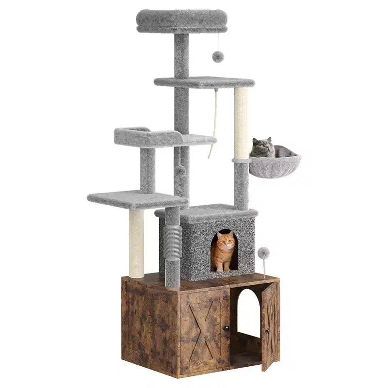 Arbre à chat et tour d'activité moderne 2-en-1 avec cache-litière, meuble pour chat tout-en-un, maison en bois avec espace litière caché pour chaton, avec hamac et poteaux à griffer