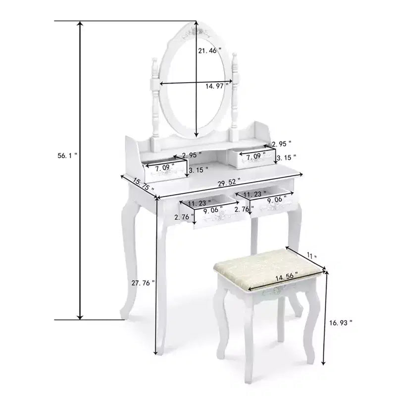 Coiffeuse avec tabouret, table de maquillage avec miroir rotatif à 360°, coiffeuse avec tabouret rembourré et 4 tiroirs