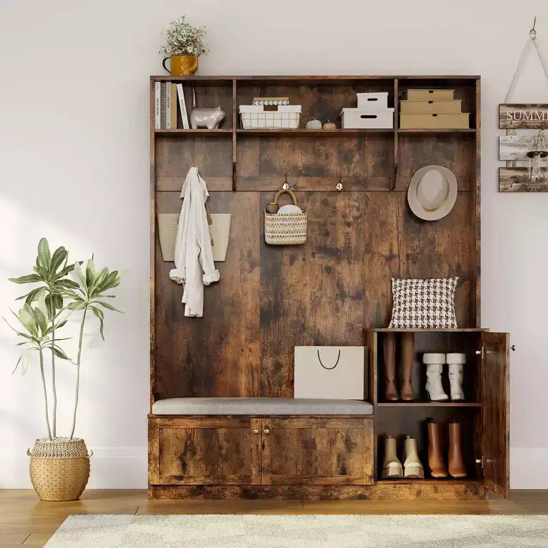 Banc et Rangement à Chaussures, Banc d'entrée de Ferme 3-en-1 avec Porte-Manteau, 4 Crochets, 4 Casiers à Chaussures et 3 Compartiments Ouverts, pour Entrée, Vestiaire