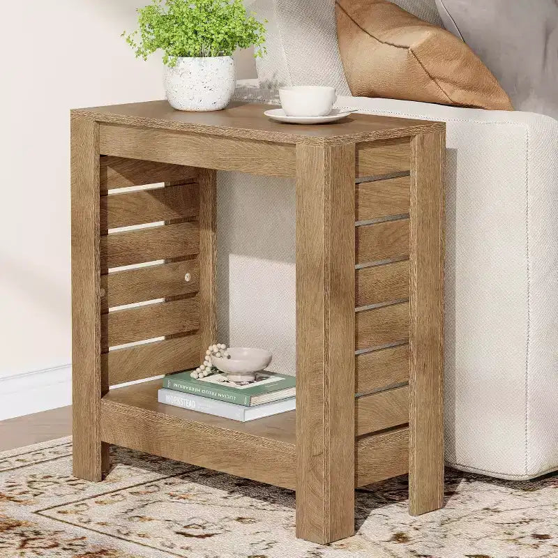 Lantine Lot de 2 tables d'appoint étroites, tables d'extrémité en bois de style ferme à 2 niveaux avec étagère de rangement pour salon, chambre, bureau, assemblage facile