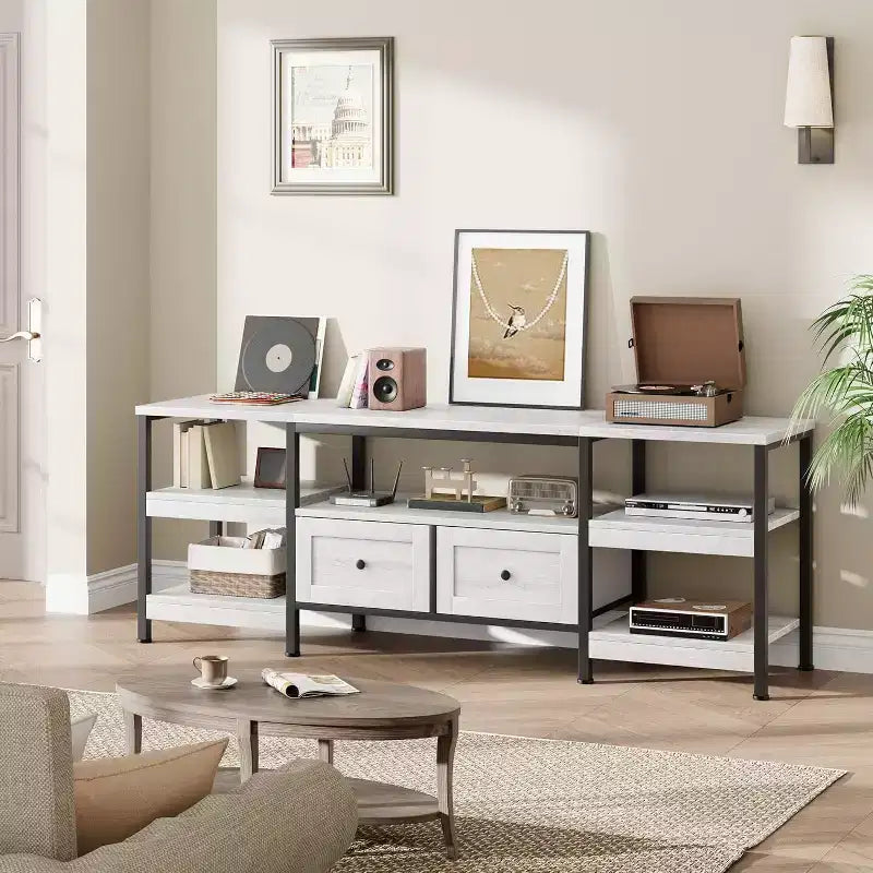 Meuble TV rustique de 180 cm avec rangement - Pour téléviseurs jusqu'à 75 pouces, 2 tiroirs et étagères ouvertes, meuble TV de style industriel avec cadre en métal