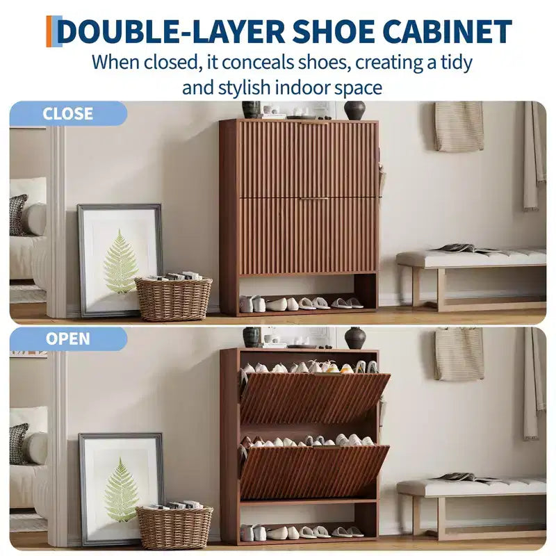 Meuble à chaussures cannelé de 80 cm avec 2 tiroirs abattants et crochets latéraux, organisateur de rangement étroit réglable pour entrée avec étagère inférieure ouverte