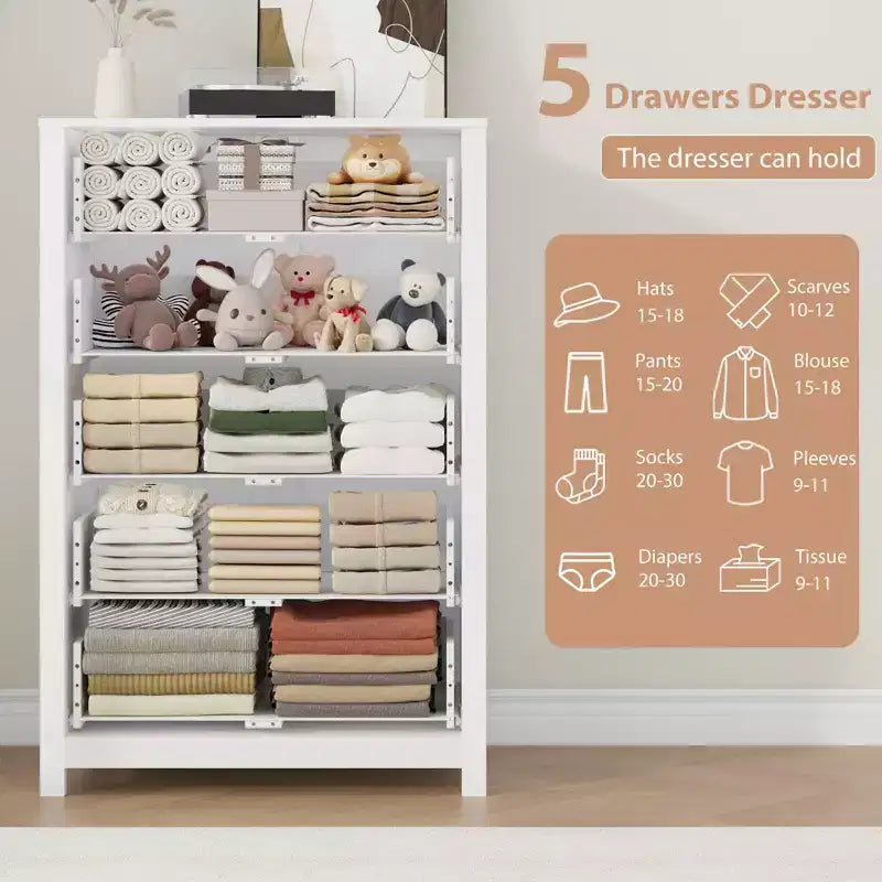 Commode moderne à 5 tiroirs avec rangement profond, coffre en bois élégant pour chambre à coucher, salon, entrée, offrant un grand espace pour une décoration intérieure organisée