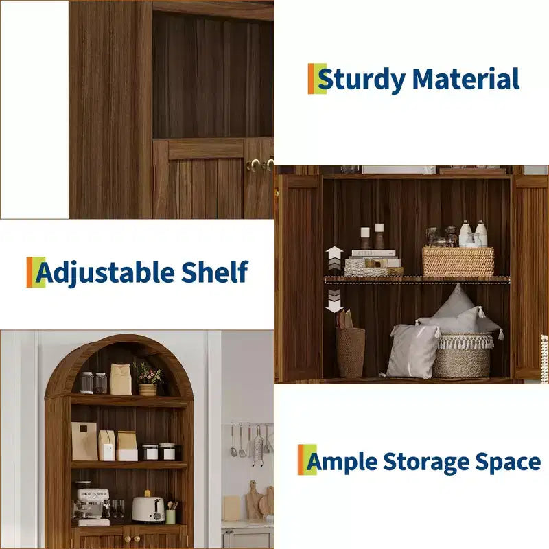 Meuble haut arqué GustoWave 71.6, Bibliothèque à 5 niveaux avec portes et étagères réglables, Armoire de rangement