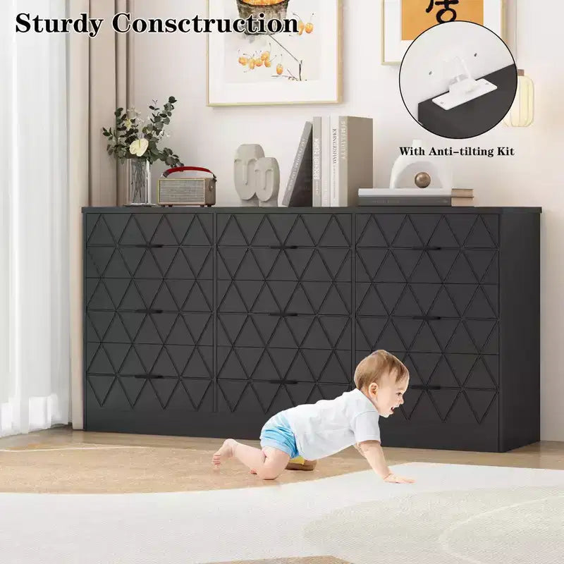 Zstar Commode triple moderne à 9 tiroirs, Meuble de rangement en bois pour chambre à coucher avec prises de courant