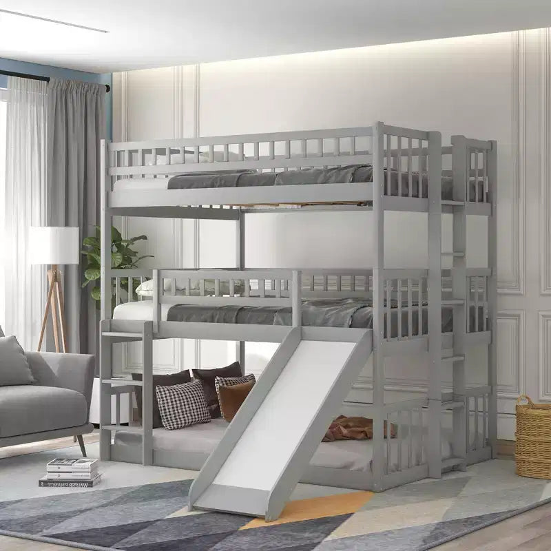 Lit superposé triple pour deux personnes avec échelle convertible et toboggan, lit triple avec barrières de sécurité, blanc/gris/espresso - ModernLuxe