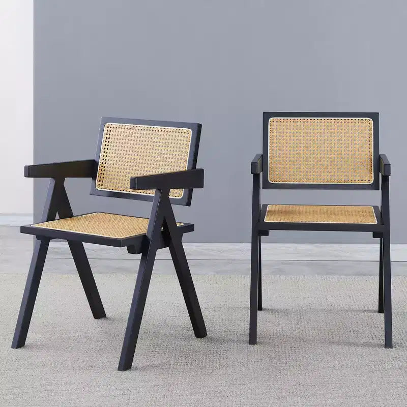 Lot de 2 chaises de salle à manger Okak en bois massif, chaises de salle à manger avec dossier en rotin et accoudoirs, chaises d'appoint de cuisine simples pour table de salon