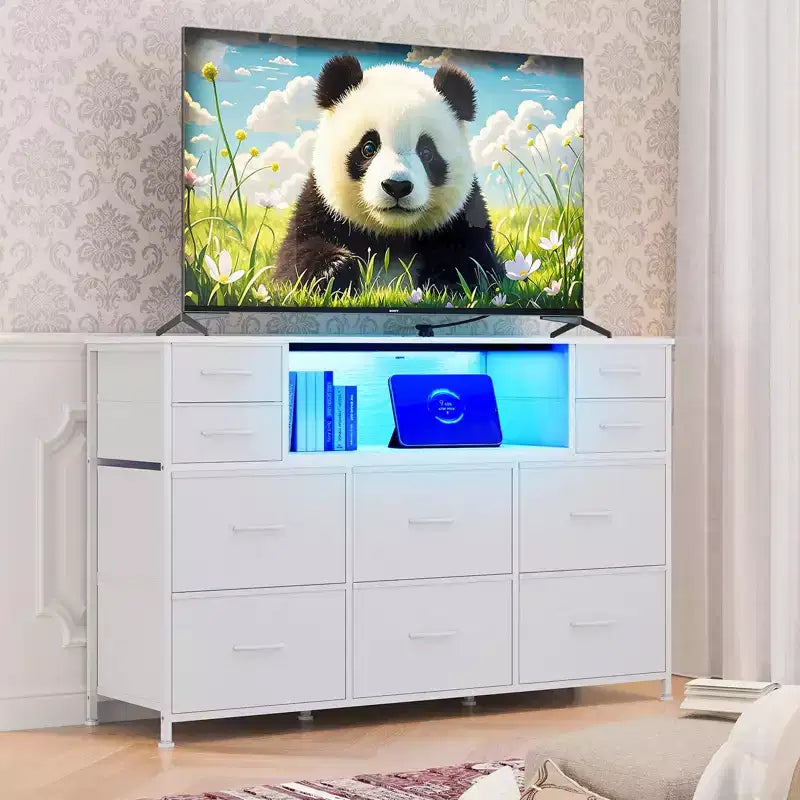 Commode de rangement à 10 tiroirs avec support TV, bande lumineuse LED et prises électriques, commode en tissu avec plateau en bois, meuble TV pour téléviseur de 55 pouces, commode de rangement