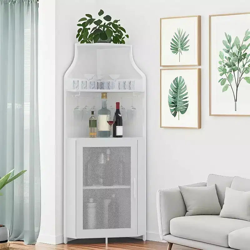 Meuble de bar d'angle CuisinSmart avec casier à vin amovible, meuble de bar avec porte-verres, petit buffet et armoire de rangement avec porte grillagée