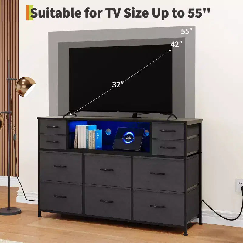 Commode de rangement à 10 tiroirs avec support TV, bande lumineuse LED et prises électriques, commode en tissu avec plateau en bois, meuble TV pour téléviseur de 55 pouces, commode de rangement