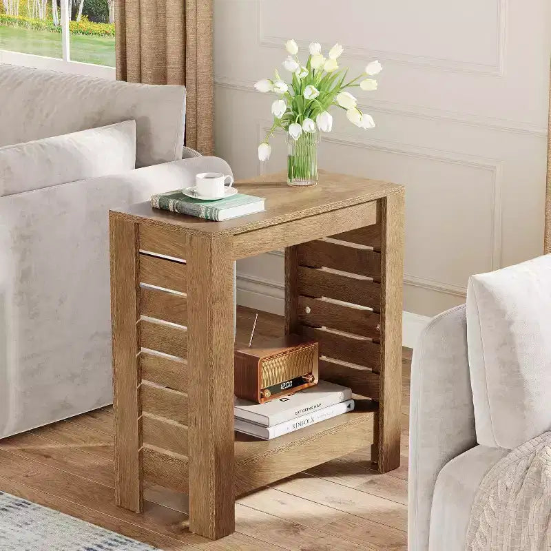 Lantine Lot de 2 tables d'appoint étroites, tables d'extrémité en bois de style ferme à 2 niveaux avec étagère de rangement pour salon, chambre, bureau, assemblage facile
