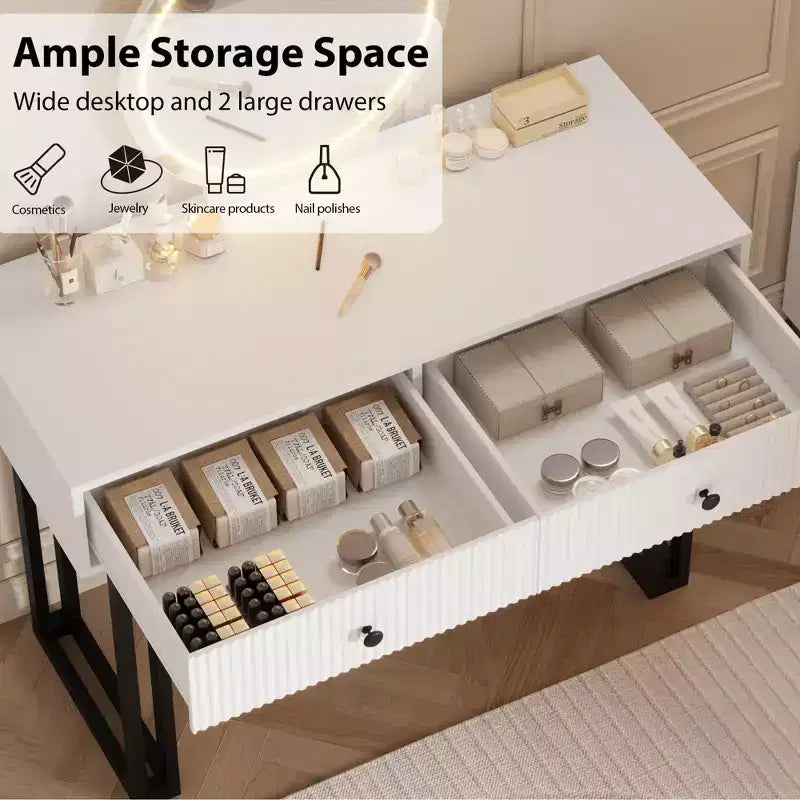 Coiffeuse GustoWave avec miroir et lumières, Petite coiffeuse de maquillage avec tiroirs, Organisateur de coiffeuse moderne avec 3 couleurs de lumière, Table de maquillage