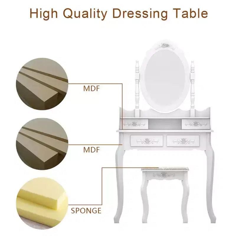 Coiffeuse avec tabouret, table de maquillage avec miroir rotatif à 360°, coiffeuse avec tabouret rembourré et 4 tiroirs