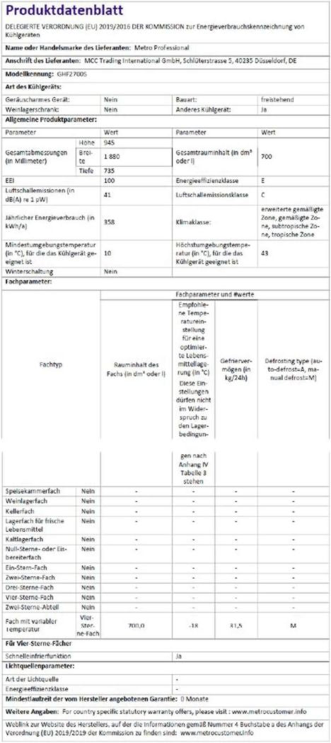 Congélateur coffre professionnel METRO GHF2700S, acier, 188 x 73,5 x 94,5 cm, 700 L, 125 W, 3 paniers, éclairage LED, avec serrure, blanc/gris