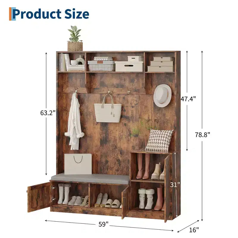 Banc et Rangement à Chaussures, Banc d'entrée de Ferme 3-en-1 avec Porte-Manteau, 4 Crochets, 4 Casiers à Chaussures et 3 Compartiments Ouverts, pour Entrée, Vestiaire