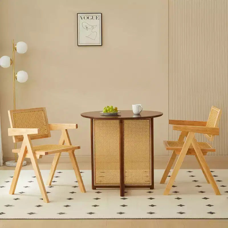 Lot de 2 chaises de salle à manger Okak en bois massif, chaises de salle à manger avec dossier en rotin et accoudoirs, chaises d'appoint de cuisine simples pour table de salon